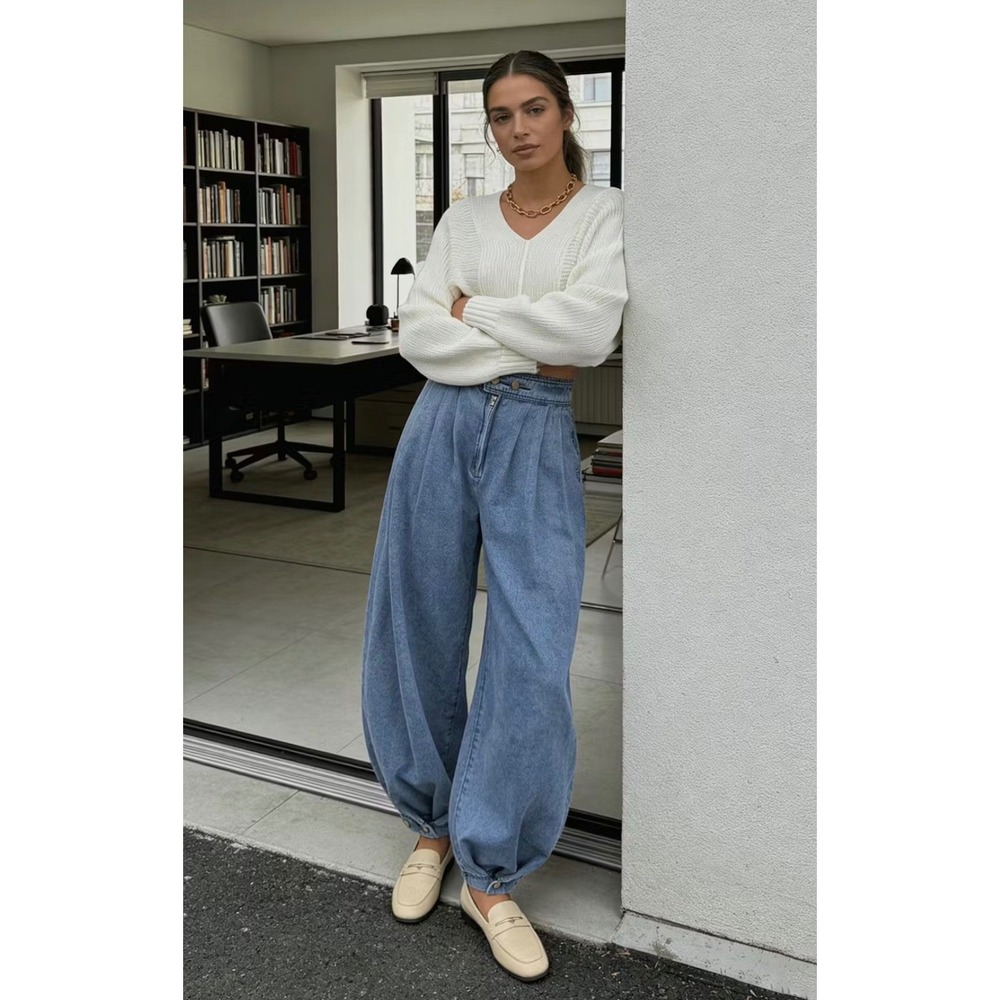 MICAS Womens High Waist Balloon Harem Jeans Pleated Wide Leg Denim Pants Blue